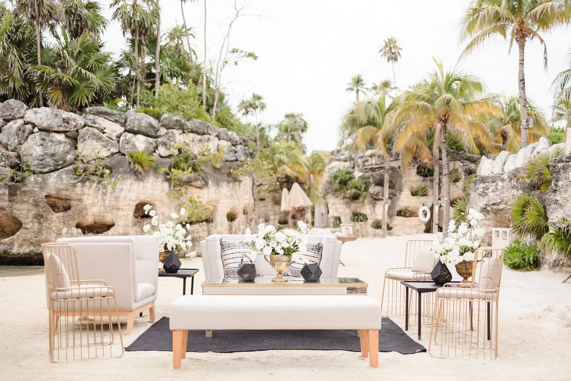 Beach reception details at Xcaret Arte Mexico destination wedding venue