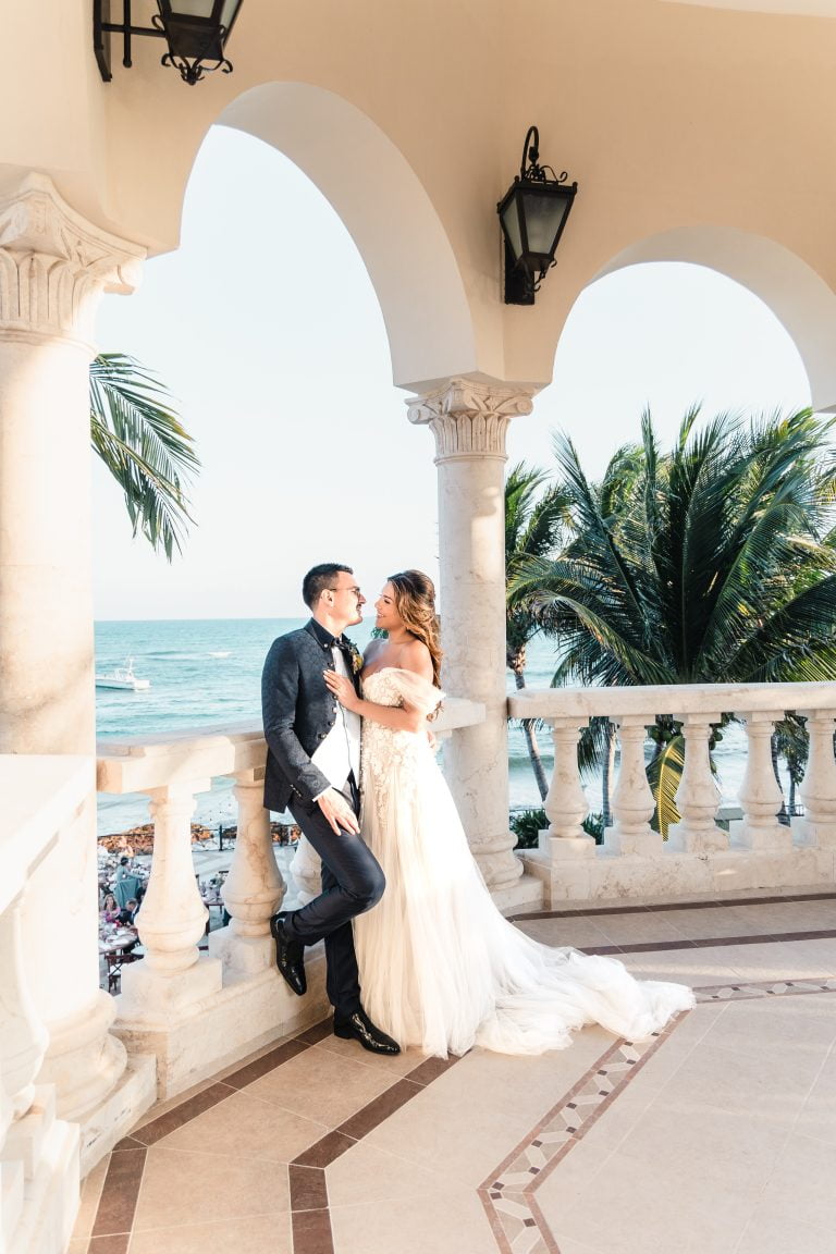 Bride and Groom portrait at Villa la Joya Wedding Venue. Riviera Maya Mexico